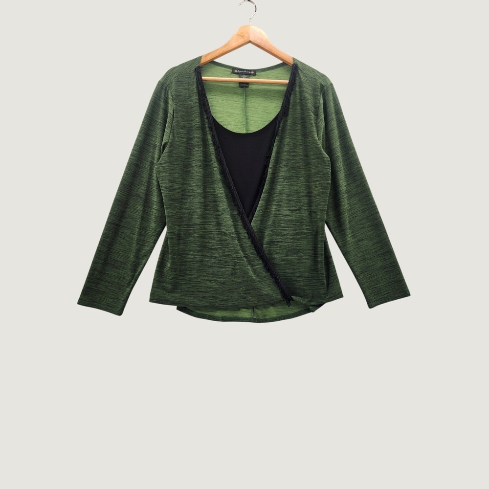 Suzie in the City Vintage Green Space Dye Layered Look Fringe Trim Top XL Y2K